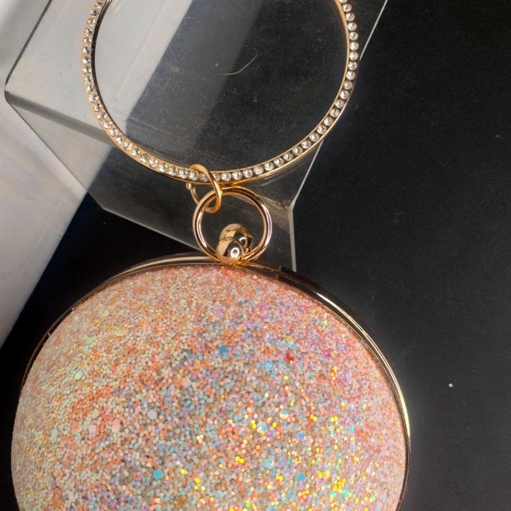 New Round Pink Glitter Wristlet With Rhinestone Circle Handle